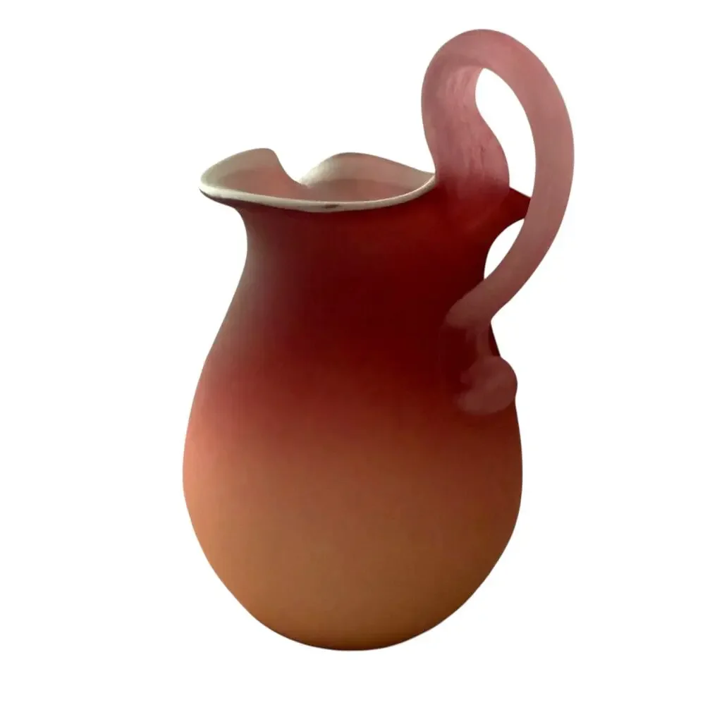 Vintage Peachblow-Style Satin Cased Glass Creamer Pitcher Applied Handle 5.25